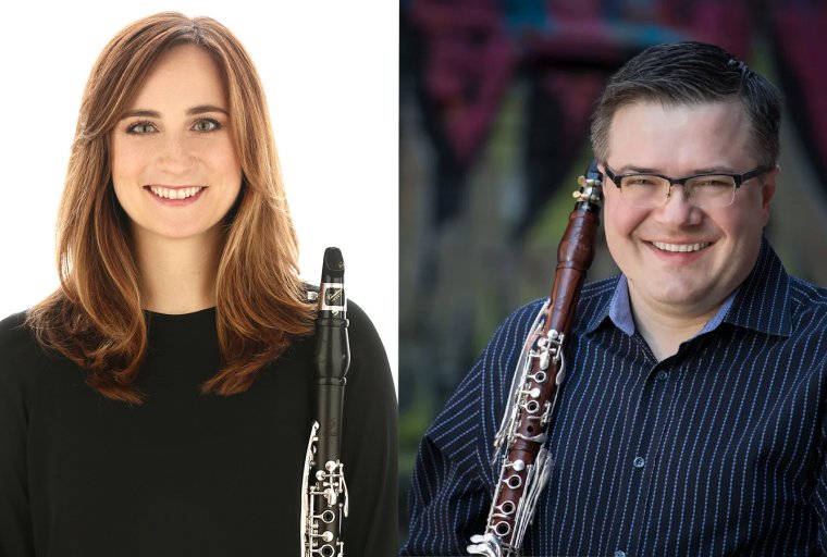 Ellen Breakfield-Glick and Chad Burrow portraits, each with their clarinet.