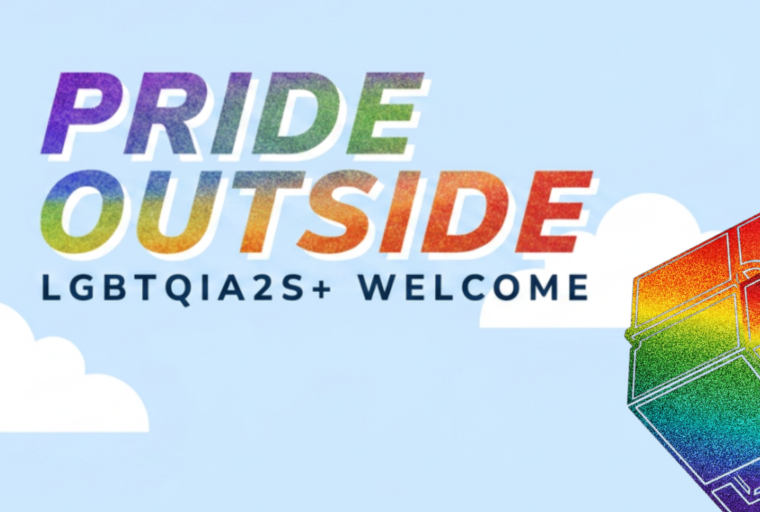 The words Pride Outside in rainbow gradient in front of a blue sky background