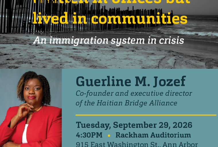 Event poster shows B&W photo of seashore with fenced barrier; image of speaker and event details as described.