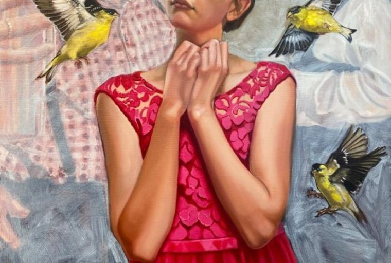 St. Aubrey, oil on canvas; woman in red dress with glasses surrounded by yellow finches.