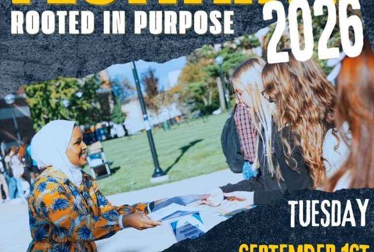 Graphic event poster with bold event lettering and photo image of students meeting outdoors.