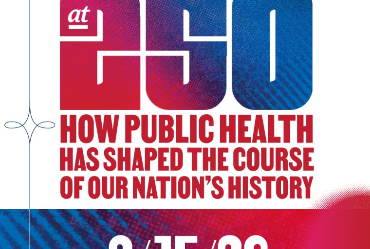 Flyer, primarily with white background and large block font in blues & reds, shares M Public Health logo and event details as listed.