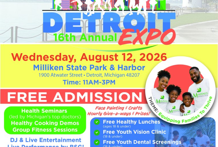 16th Annual Healthier Detroit Expo flyer shows lighthouse background with event details.