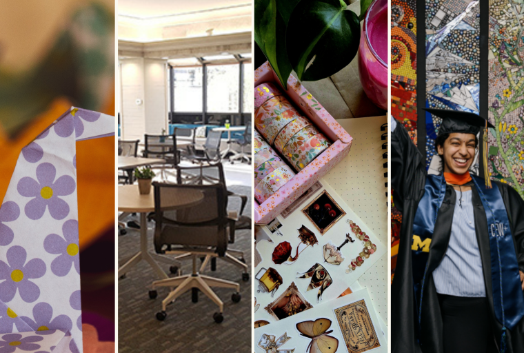 Four vertical sections show: a floral-patterned stuffed toy, an office with chairs, craft supplies, and a person in graduation attire smiling and gesturing.