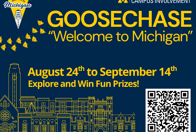 Blue background with a yellow text promoting CCI's Scavenger Hunt focused on Welcome to Michigan.