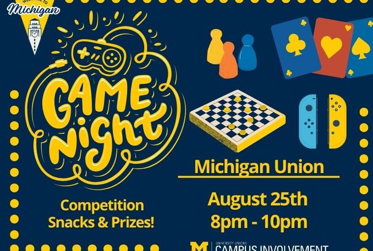 Graphic with blue background and game pieces--checkers, cards, and place markers--with event details as posted.