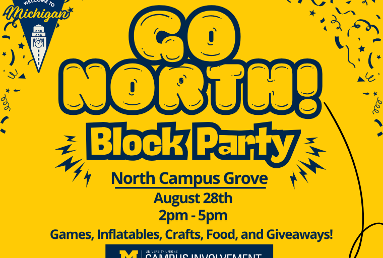 Block party event poster with swirls, event details: Aug 28th 2-5pm hosted by Campus Involvement