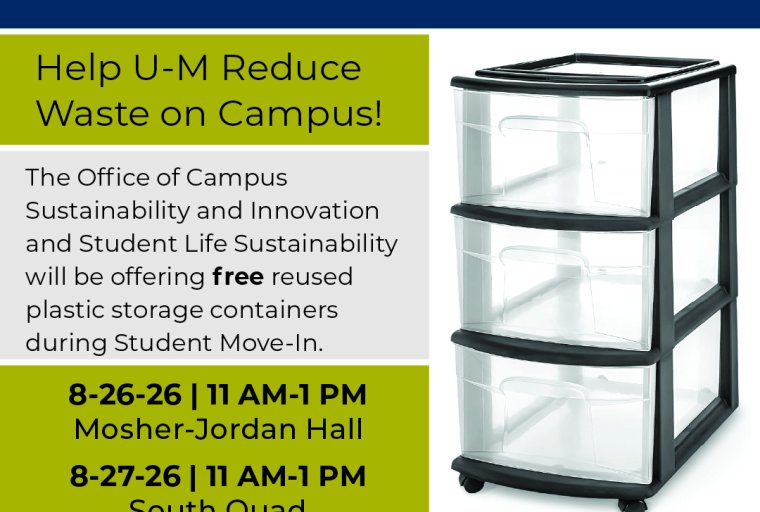 Storage bin reuse pilot with dates, locations, and image of plastic storage bin example.