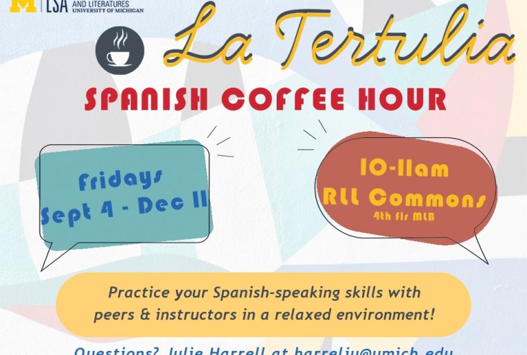 La Tertulia poster with various colored call-outs and event details as indicated.