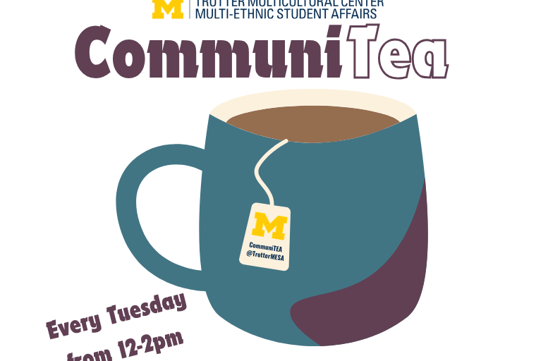 Mug of tea graphic image; text "CommuniTEA, every Tuesday, 12pm-2pm."