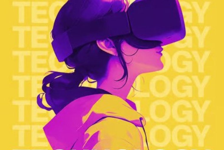 Person using a virtual reality headset with the word "technology" repeatedly stacked from top to bottom.