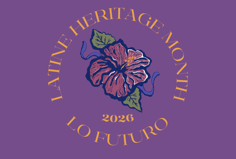 Latine Heritage Month 2026 logo, with the theme name "Lo Futuro" and a hibiscus flower design in shades of purple.