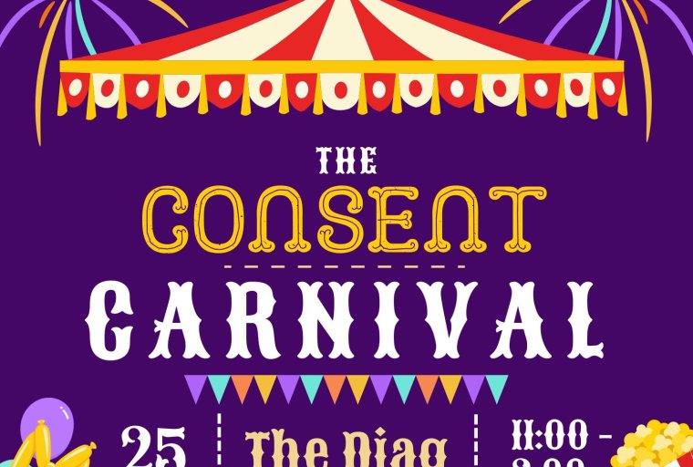 Flier for the Consent Carnival with a circus tent graphic over text stating "Ready to Raise the Bar? Step Right Up"