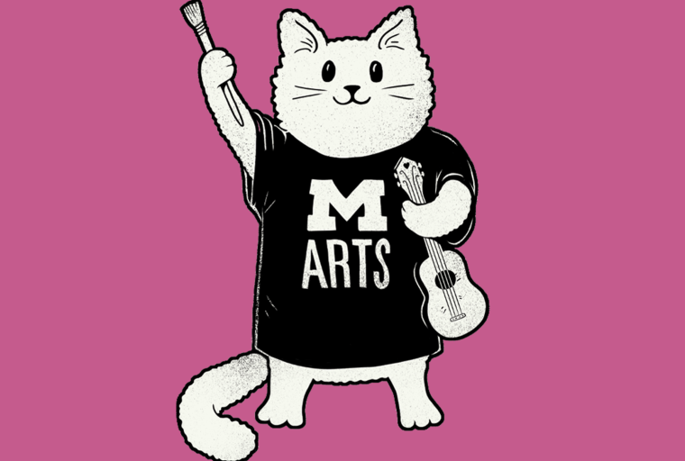 A cartoon cat in a Michigan Arts Shirt holding a paint brush and an ukulele