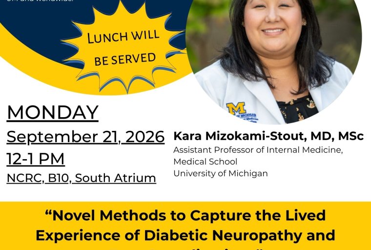 CDI Seminar Series event flyer featuring Kara Mizokami-Stout, MD, MSc, speaking on diabetic neuropathy and foot complications on September 21, 2026.
