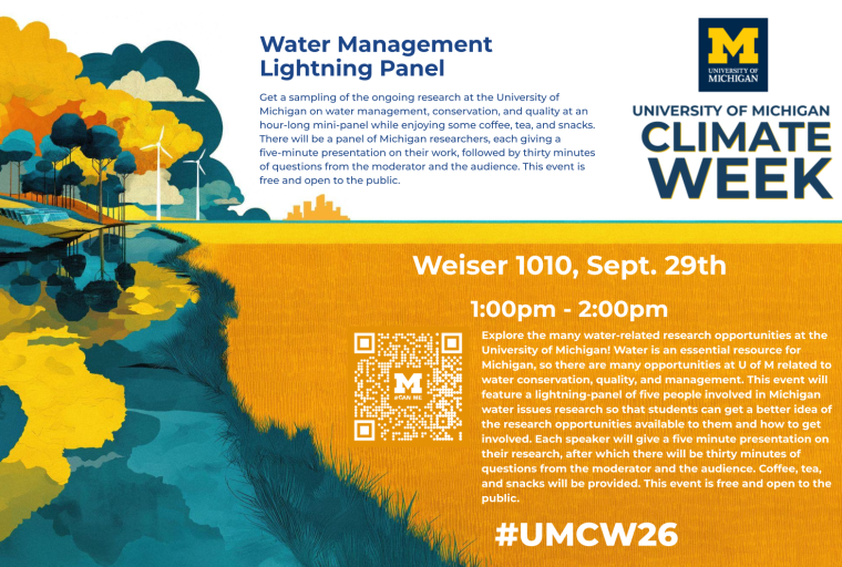 Water Research Lightning Panel flier, featuring U-M Climate Week logo.