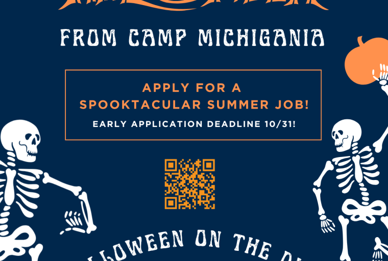 Infographic depicting two skeletons and two pumpkins that includes text details which describe Camp Michigania's event, Halloween on the Diag, happening on 10/30 from 9am-2pm.