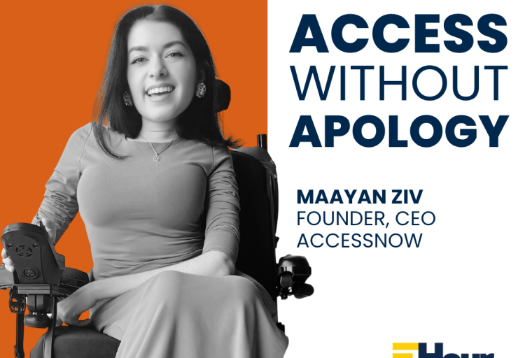 Promotional graphic for an event titled “Access Without Apology,” featuring a black-and-white photo of Maayan Ziv, a woman seated in a power wheelchair, smiling. Text reads: “Friday, October 2, 11:30 AM–12:20 PM,” “Maayan Ziv, Founder, CEO, AccessNow,” and “Open to all.” The event is held at the Walgreen Drama Center.