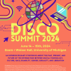 Orange event flier with the DISCO Summit logo (a disco ball with the quantum computing symbol) surrounded by digital icons (e.g., wifi symbol, cursor, laptop). The flier includes the event date, location, a brief description, and cosponsors.