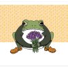 Illustration of frog in a green sweater holding purple flowers