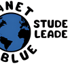 Planet Blue Student Leader text in black around a blue and black globe