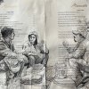A drawing on a restaurant menu depics three men sitting together and eating