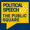 Logo for the Political Speech and the Public Square event is a maize callout with the group title inside.