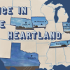 Image of a map of the U.S. with markers on Mt. Pleasant, IA; O’Neill, NE; Salem and Sandusky, OH; Bean Station, TN; and Sumner, TX. Large text reads ICE IN THE HEARTLAND. Artist: Carolina Jones Ortiz.