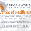Promotional graphic for AWFF2025; features an illustration of a woman’s profile merged with the shape of Africa and a film reel. The title reads: “African Women Film Festival 2025 – Voices of Resilience: The Power of Storytelling in African Cinema.” Subtext: “Celebrating the creativity, resilience, and global impact of African women in cinema.” Event dates: November 5–7, 2025, at the Michigan League, State Theatre, and Michigan Theater. The background includes faint filmstrip graphics and dotted borders.