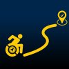 A wheelchair user with a compass travels down a winding path to a destination marked with a check