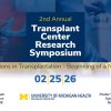 2nd Annual Transplant Center Research Symposium flyer, blue on top, white on bottom, with event details as described.