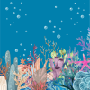 Blue background of the ocean with a colorful reef on the seafloor. Bubbles are floating up throughout the water.