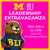 Hot pink background. BLI mascot Bargie Beaver in bottom left corner. Text: Leadership Extravaganza