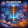 Two scientists in lab coats interact with a glowing, multi-tiered quantum computer surrounded by scientific equations and data. (Created by AI)