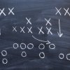 A chalkboard football play outline with Xs and Os.