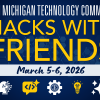 Maize & blue event flyer with sponsor, title and date at top. Computer-associated clipart along bottom.