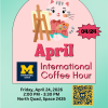 Cat painting a canvas while advertising the April International Coffee Hour