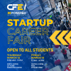 Text is displayed against a background image depicting the scene at last year's Startup Career Fair. The top of the image includes the U-M Center for Entrepreneurship logo and the MPowered Entrepreneurship logo. Text reads: Startup Career Fair Open to all students. Thursday, March 12 from 11:30am to 3pm. North Campus, 1st floor Duderstadt Center. Another date on Friday, Match 13 from 11am to 4pm on Central Campus in the Ross Steward Library.