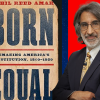 Photo of Professor Akhil Amar with a dark suit and tan tie, wearing glasses and salt and pepper hair and beard, next to a book jacket of his latest book.