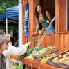 A farm stand employee restocks tomatoes out of a trailer window while two customers shop for beans and tomatoes.