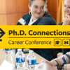 panelists talking and laughing with phd connections logo