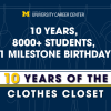 Graphic celebrating 10 years of the University Career Center's Clothes Closet: dark blue with yellow hanging bar and clothes hangers.