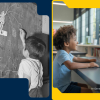 A split composition contrasts two educational scenes. On the left, a black-and-white photo shows a young child standing at a chalkboard, reaching up to write among handwritten words and numbers in a classroom setting in the 1940s. On the right, an AI-generated image of a modern, full-color scene with a child seated at a desk using a desktop computer, smiling and engaged with a brightly colored animated character displayed on the screen.