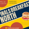 Blue and maize poster with large “Finals Breakfast North” text and a breakfast sandwich illustration. Promotes free food and coffee at Pierpont Commons on April 22 from 12:00–2:00 PM, hosted by Campus Involvement.