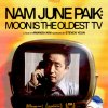 This vertical movie poster for the documentary "Nam June Paik: Moon is the Oldest TV" features a vibrant, retro-analog aesthetic defined by warm yellow and orange tones and heavy horizontal scan lines mimicking an old television screen. The top half displays the title in bold black lettering, accompanied by high-praise quotes from Variety and The Hollywood Reporter and credits for director Amanda Kim and narrator Steven Yeun. Centrally, a vintage CRT television houses a black-and-white portrait of the artist, Nam June Paik, holding a telephone to his ear, while a color-photographed hand reaches in from the right to touch the set. The bottom section is grounded by prestigious film festival laurels from Sundance, MoMA, and CPH:DOX, followed by a standard credit block, all coming together to evoke a sense of nostalgic, technological innovation.