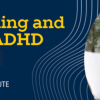 A wide, blue promotional banner for a free virtual workshop titled “Understanding and Managing ADHD” for parents and guardians. On the left is the University of Michigan “M” logo and the text “Mary A. Rackham Institute, University of Michigan,” with decorative curved line graphics in the background. On the right is a photo of an adult and a child looking at a sheet of paper together.
