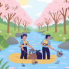 Image of two people wearing life vests while standing on a boat in a river. They are using nets to collect discarded bottles from the water.
