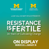 Resistance is Fertile graphic with brandmarks & typography with vining leaves.