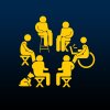 6 people sit in a circle on various chairs and assistive devices. 1 person has a service dog and another holds a laptop.