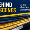 Image of old books on a shelf with text reading "Go behind the scenes at the Bentley Historical Library"